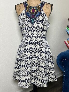 Women's Navy & Beige Patterned Fit-and-Flare Dress